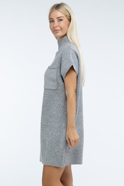 Mock Neck Short Sleeve Sweater Dress with Pocket